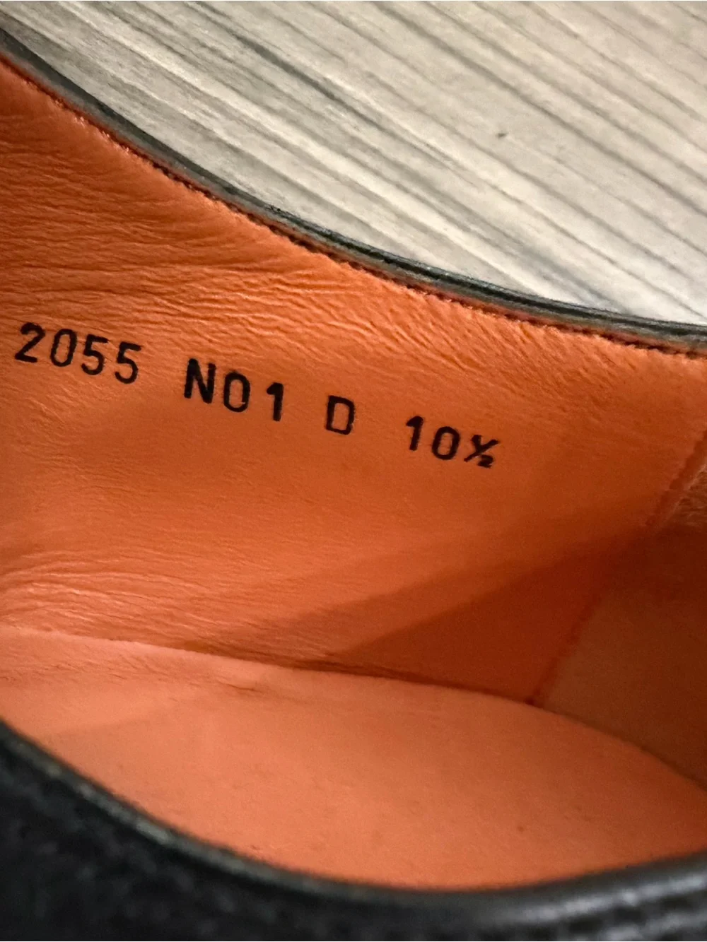 Santoni Black Leather Cap-Toe Derby with Orange Liner ( Left Leg )